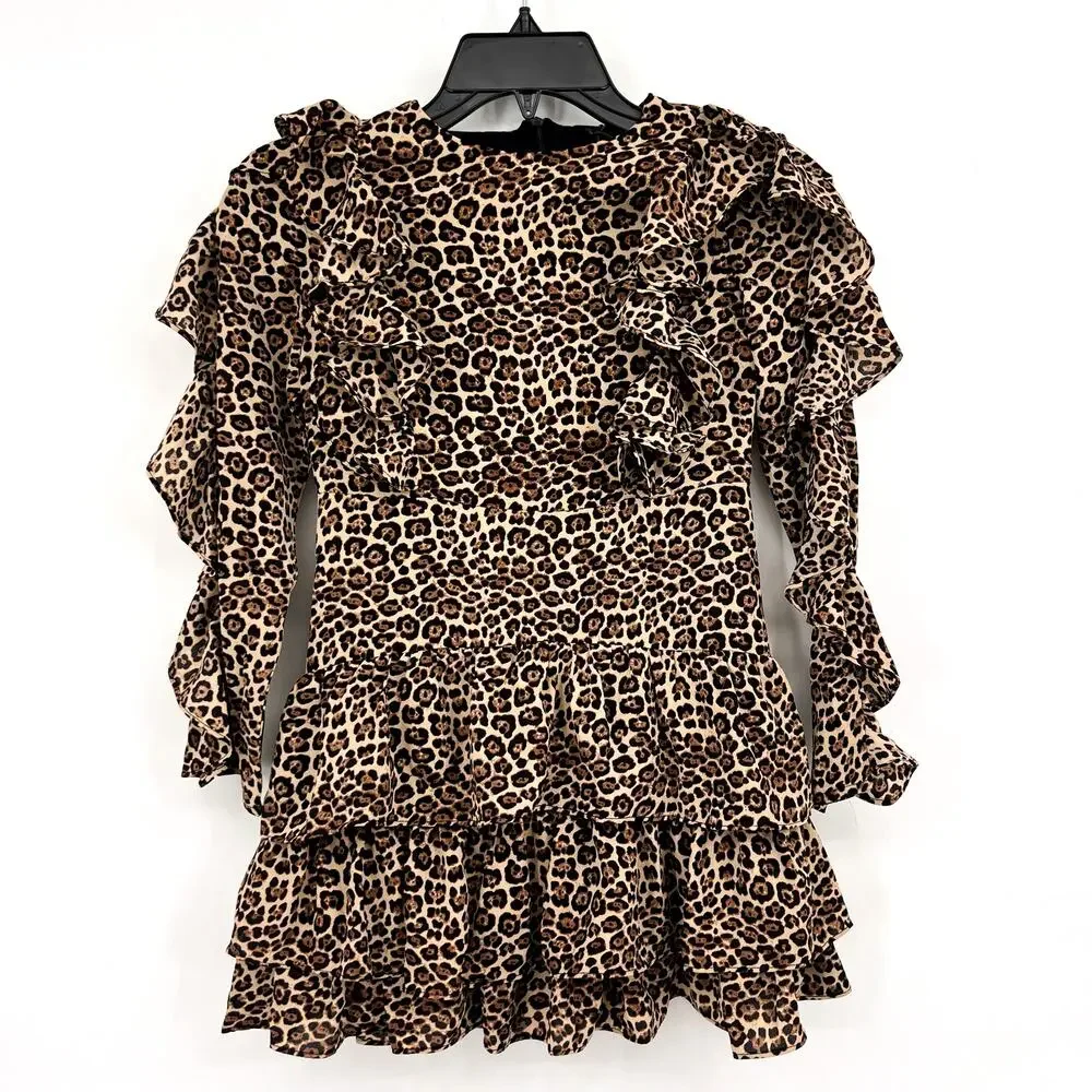 BARDOT Girl's Whit Ra Ra Dress Size 7-8 Small Leopard Ruffle Long Sleeve NWT
